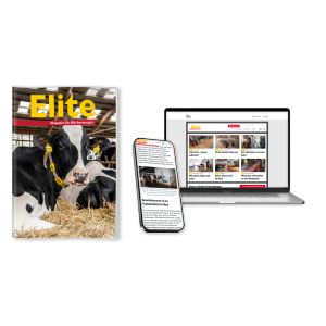 Titel des Fachmagazins „Elite“ mit Kühen im Stall sowie digitalen Inhalten auf Smartphone und Laptop.