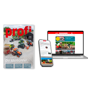 Collage aus dem Magazin „profi“, einer Smartphone-Ansicht und der Website „profi“ auf einem Laptop; alle zeigen Inhalte rund um Landtechnik und Landwirtschaft.