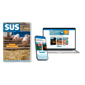 Titel des Fachmagazins „SUS“ mit Schweinen im Stall sowie digitalen Inhalten auf Smartphone und Laptop.