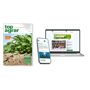 Titelseite des Fachmagazins „top agrar“ neben Smartphone und Laptop mit digitalen Inhalten von top agrar.