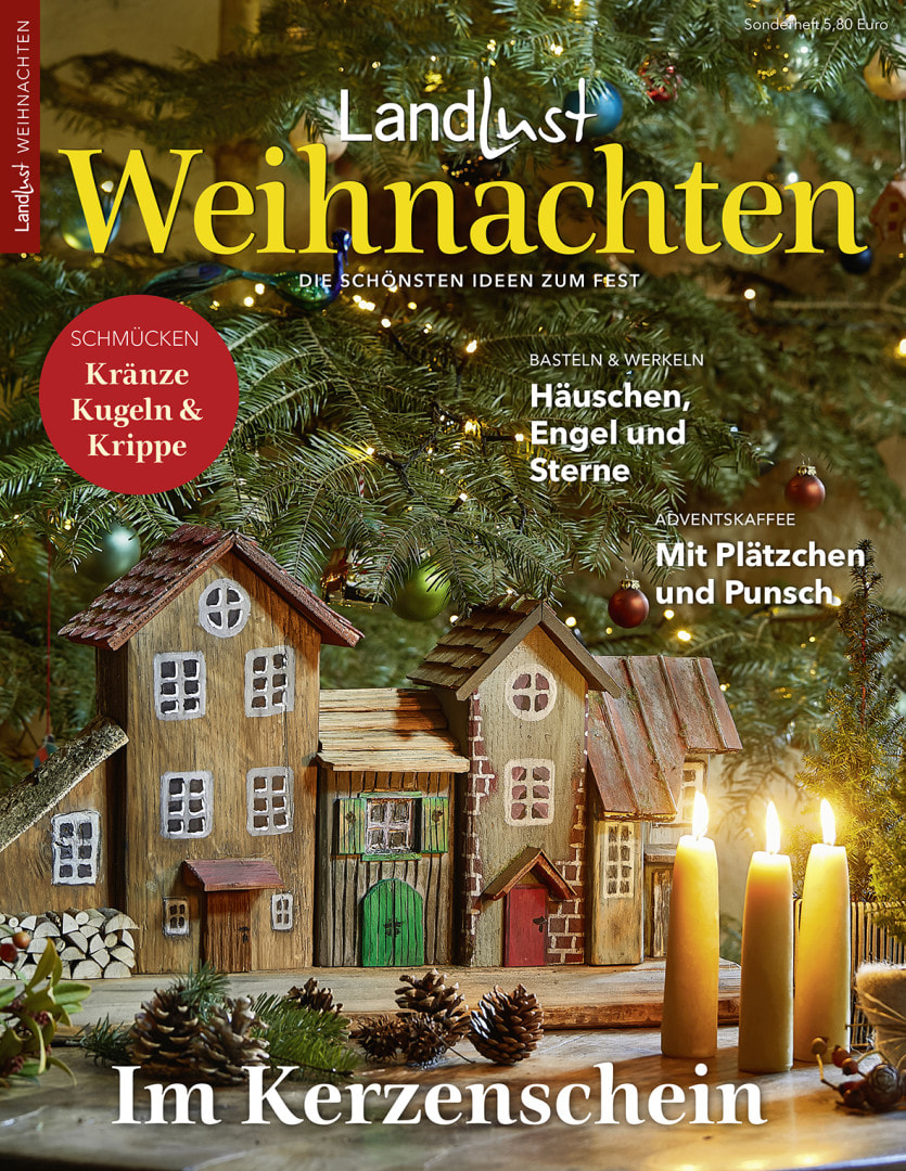 Titelbild des Landlust-Sonderhefts „Weihnachten“ mit festlich geschmücktem Weihnachtsbaum, Holz-Häuschen, Adventskerzen und Ideen zum Basteln, Dekorieren und Genießen.